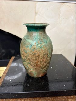 Egyptian vase with an etched mature scenes, turquoise patina finish 6.25”