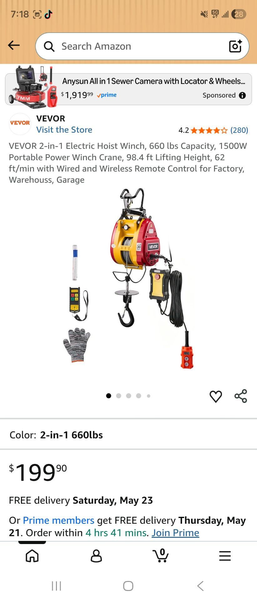 VEVOR 2-in-1 Electric Hoist Winch, 660 lbs Capacity, 1500W Portable Power Winch Crane, 98.4 ft Lifting Height, 62 ft/min with Wired and Wireless Remot