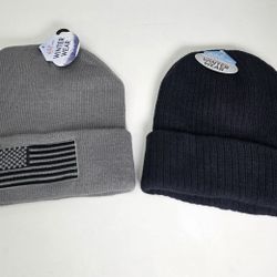 Lot 2 Knit Stocking Hat Beanie 1 With USA Flag Patch One Size Gray, Navy Blue.