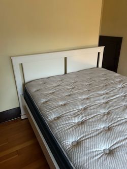 White Wood Bed Frame with Queen Mattress