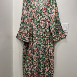 NWT ZARA Floral Midi Dress - Green, Pink, Blue Daisy Print - Wide Sleeve - XL