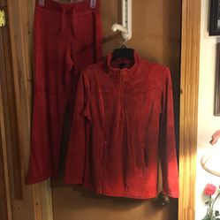 Women’s Red Velour Workout Clothes Pants Med Shirt Small
