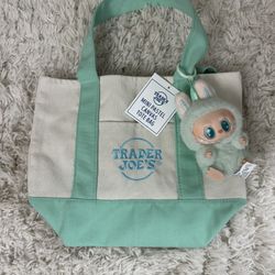 Authentic Labubu Have A Seat & Trader Joes Pastel Mini Tote Bag