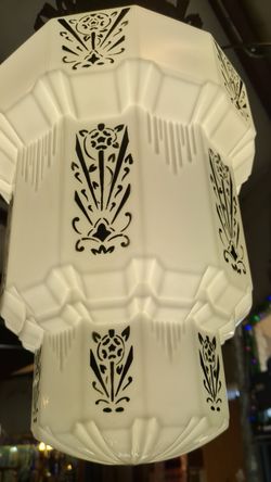 Gorgeous Skyscraper milk glass art Deco chandelier measures 26 in tall approximately 11 in wide