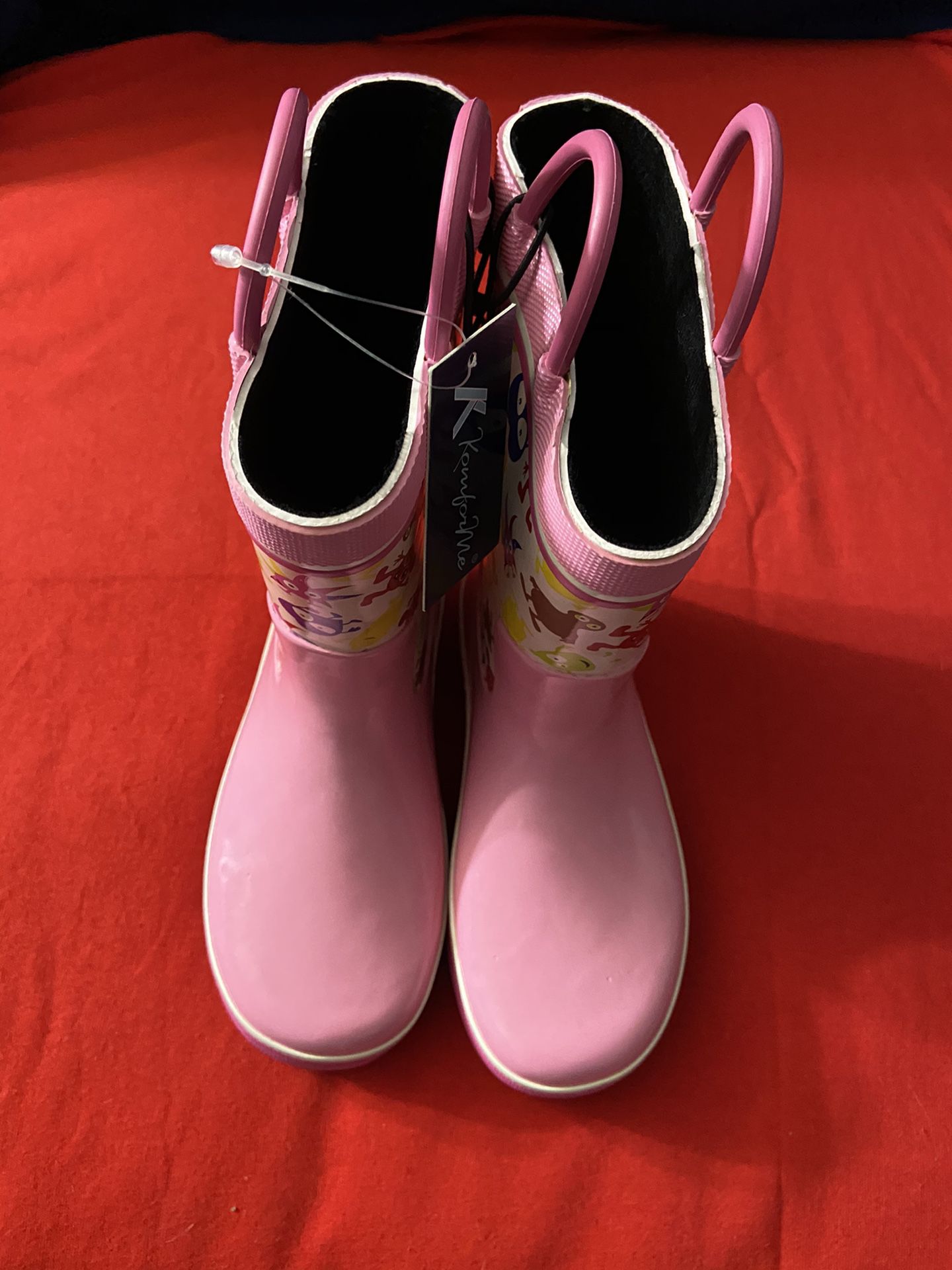 Komforme Kids Girl Boy Rain Boots, Waterproof Rubber Printed With Handles Size 11