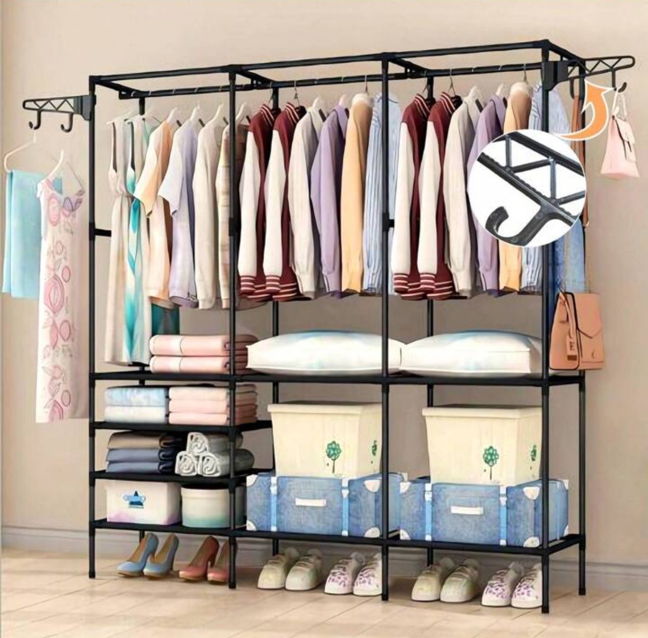 Freestanding Closet Organizer with Shelves Portable Black Hanging Rods & Storage Bins Garment Rack