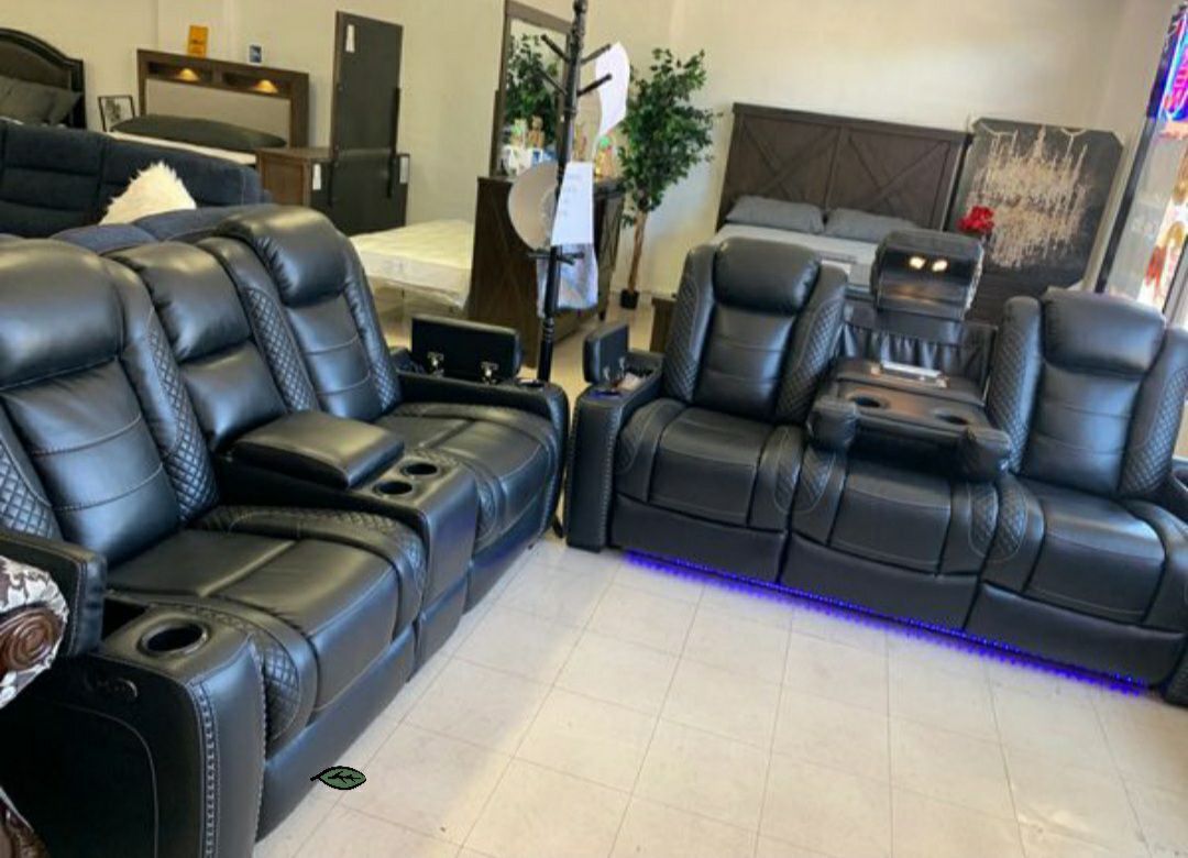 🍂$39 Down Payment 🍂Party Time Midnight LED Power Reclining Living Room Set with Adjustable Headrest