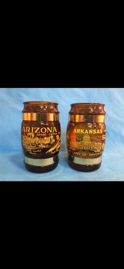 Vintage Siesta Ware Amber Glass Barrel Mugs Arizona & Arkansas Souvenir Set of 2
