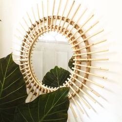 Inner Mirror 15” with Bamboo Spokes 30”D with Real Rattan Included ,Tan/Light Brown Round Sun Mirror