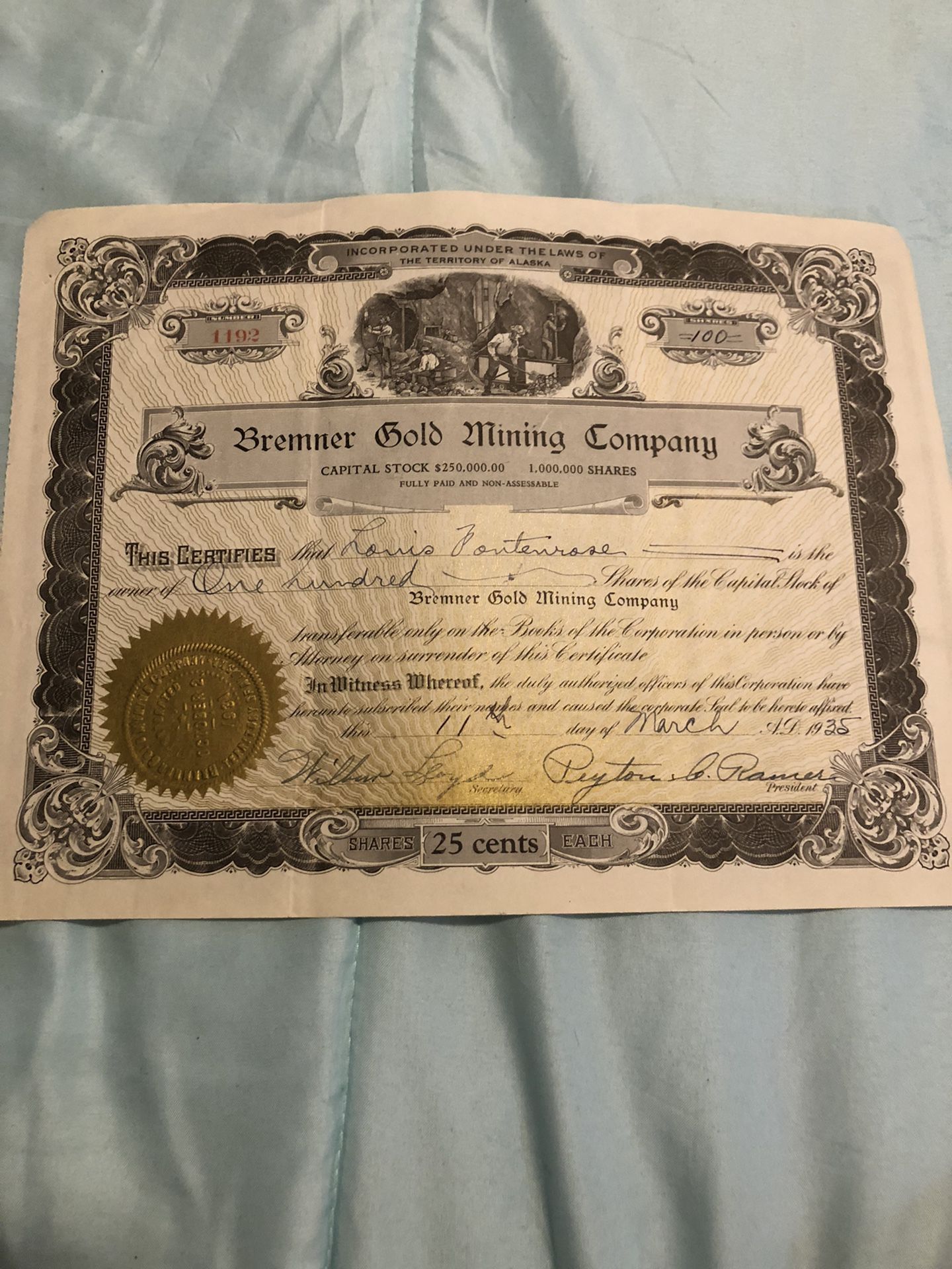 Alaska Gold Mine Shares Certificate From 1935