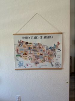 32 x 24 Inch Embroidered USA Map Poster for Kids with Wood Hanger – Neutral Wall Décor for Boys and Girls Nursery, Bedroom and Playroom