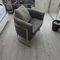 Designer Gray Velvet Armchair With Gold Accents