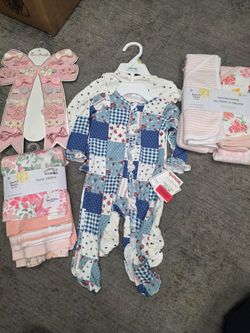 Baby Girl Lot – Sleepers, Burp Cloths, Towels & Hair Clips