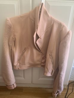 House Of CB Nali Pale Pink Cropped Biker Jacket With Faux Fur Sleeves