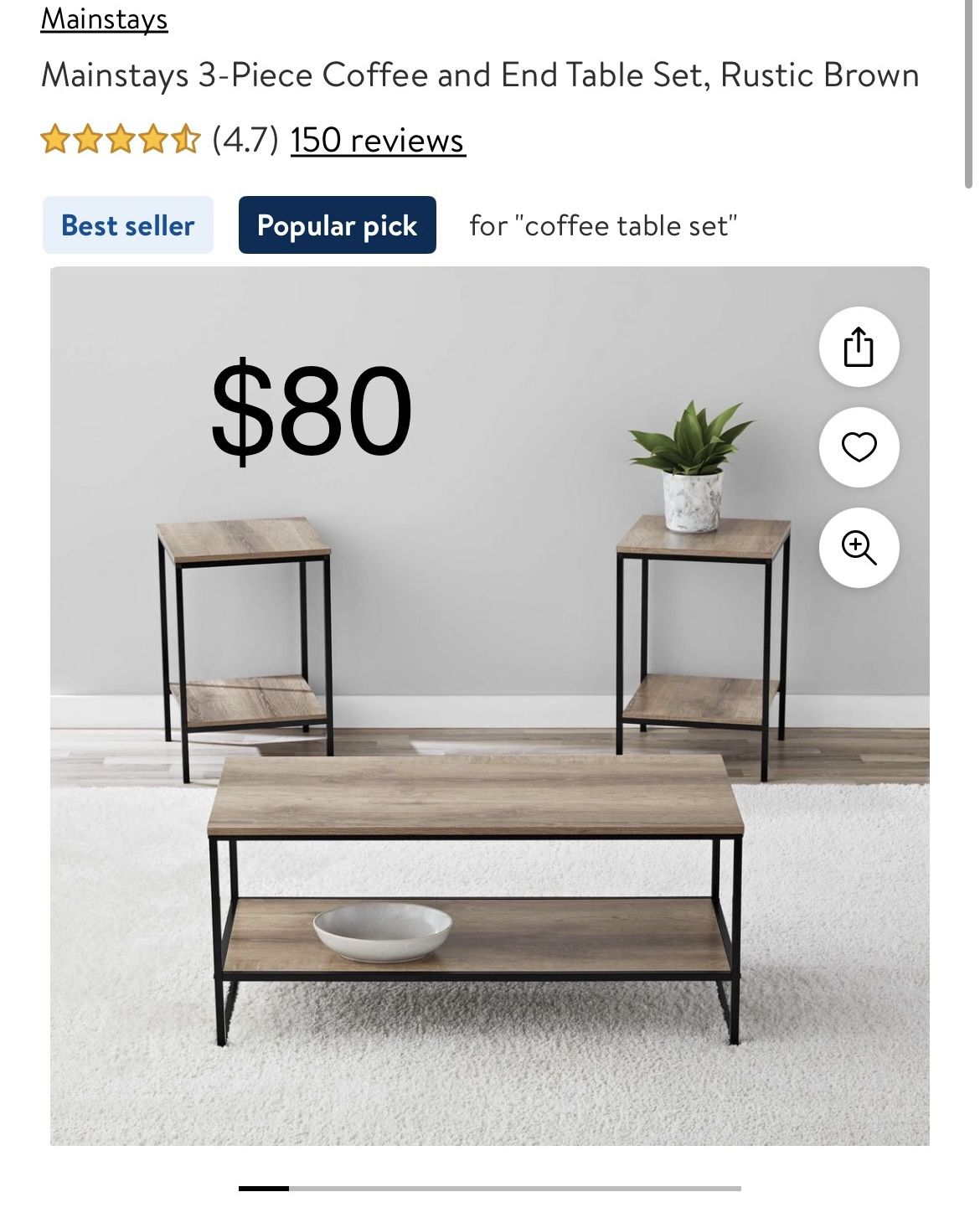 Mainstays Coffee Table and End Tables Set 