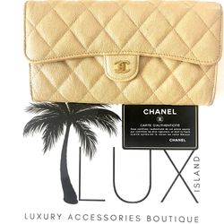 CHANEL Iridescent Beige Caviar Quilted Long Gusset Flap Wallet with CC Authenticity Card 