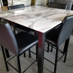 Brand New White Faux Marble Counter High Dining Table (40"×40"×36"H) + 4 Black Faux Leather Metal Chairs