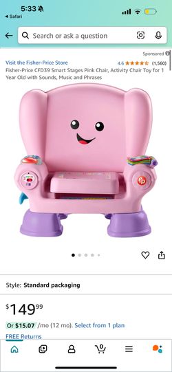 Fisher-Price CFD39 Smart Stages Pink Chair, Activity Chair Toy for 1 Year Old with Sounds, Music and Phrases