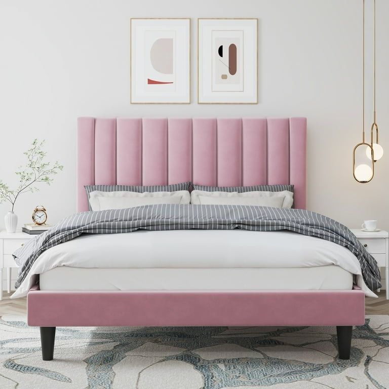 Queen Size Platform Upholstered Bed Frame with Velvet Channel Headboard