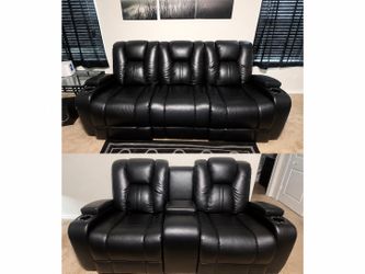 Black Leather Power Reclining Sofa & Loveseat Set with Console & Cup Holders