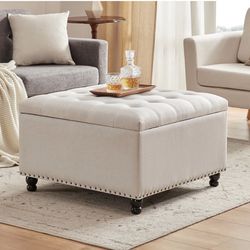 Large Square Storage Ottoman Bench, Tufted Upholstered Coffee Table Ottoman with Storage, Oversized Storage Ottomans Toy Box Footrest for Living Room,