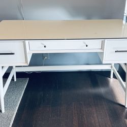 West Elm Mid-Century Modern Desk White 52” W Glass Top 