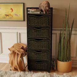 OrientalFurniture Handmade Wood and Natural Fiber Wheeled 5-drawer Chest Black 17.25"W x 12.