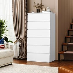 6 Drawer White Dresser, Modern Storage Cabinet for Bedroom, Vertical Chest of Drawers for Living Room