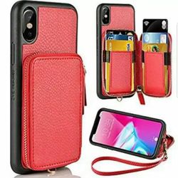 ZVE iPhone X / iPhone Xs Wallet Case with Card Holder , Shockproof Protective iPhone X Leather Cases with ID Credit Card Holder Slot Wrist Strap (Red)