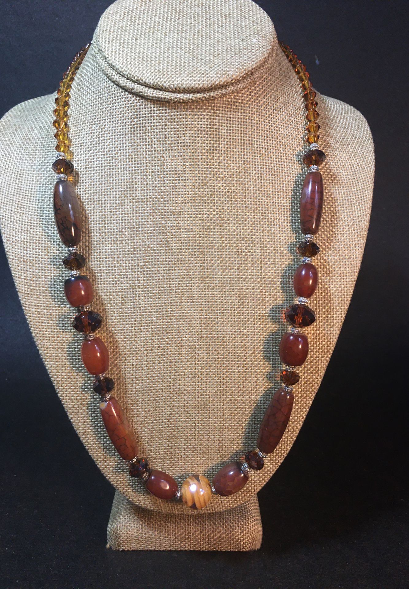Genuine Stone Necklace w/Amber Colored Crystal Beads- Top Quality & Beautiful Craftsmanship- Like New Condition- Listing Hundreds Of Items