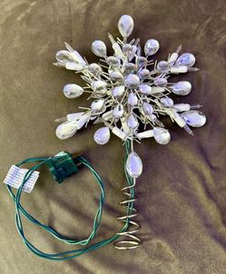 Silver Metal Christmas Lighted Jeweled Star Snowflake LED Tree Topper 2-Sided