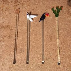 Lot of 4 MCM hand blown art glass swizzle stir sticks cactus dove elephant toucan
