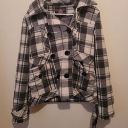 YMI Plaid Pea Coat Fur-trimmed Hood Size Large