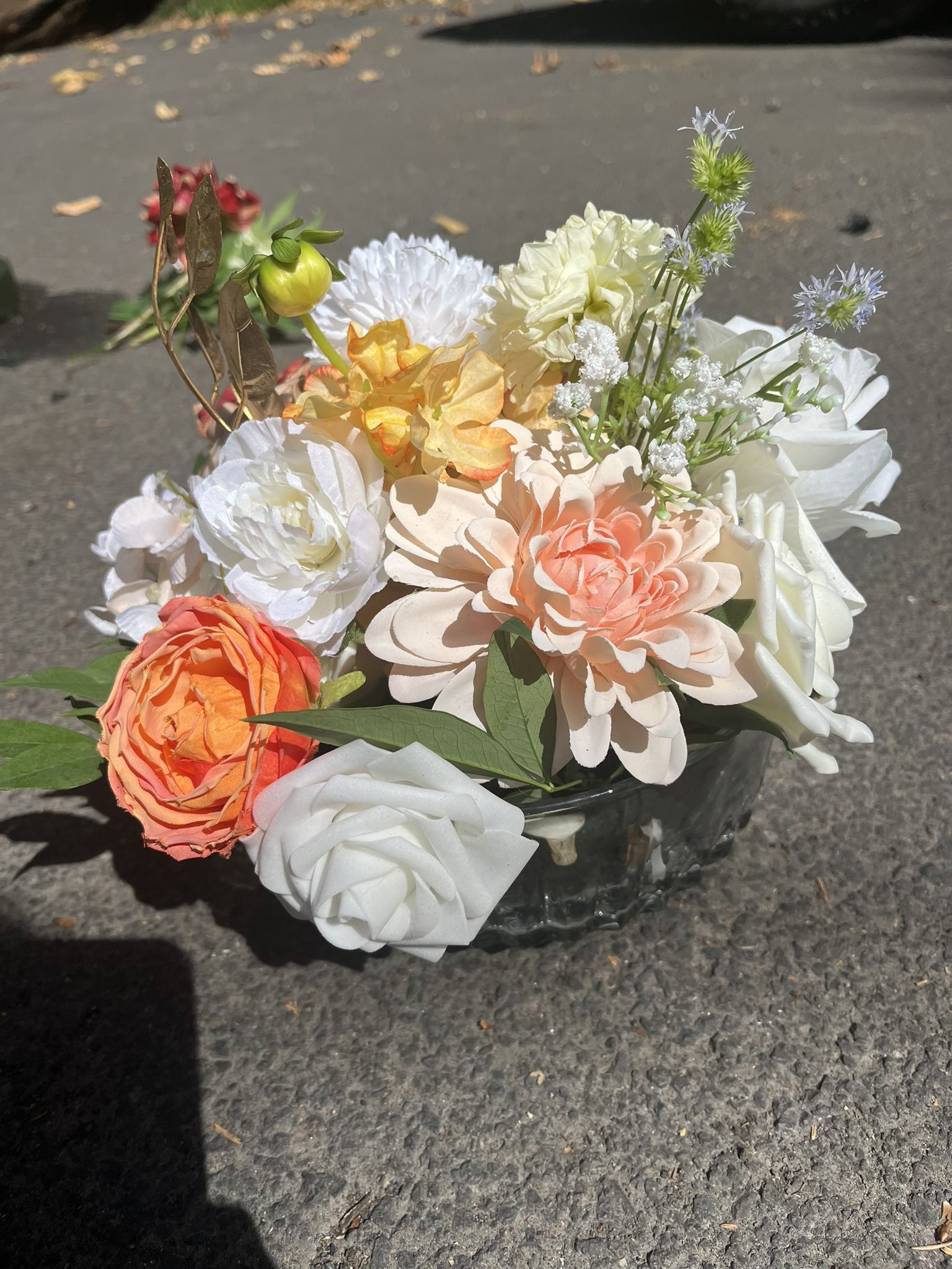 Silk Flowers, Greens And Crystal Wedding Centerpieces