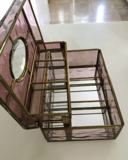 Vintage Purple And Clear Glass and Brass Footed Jewelry Or Trinket Box With Etched Floral Design On Lid.