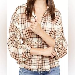 We The Free Women’s Plaid Released Trim Size Large Blouse Top Button Up