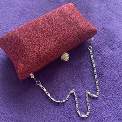 Vintage Red Metallic Clutch Purse with Chain Strap, Evening Bag, Retro Style Accessory
