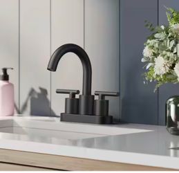 4 in. Center set Double Handle Gooseneck High-Arc Bathroom Faucet with Drain Kit in Matte Black
