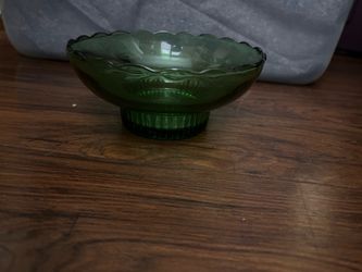 Green Glass Footed Bowl with Scalloped Rim