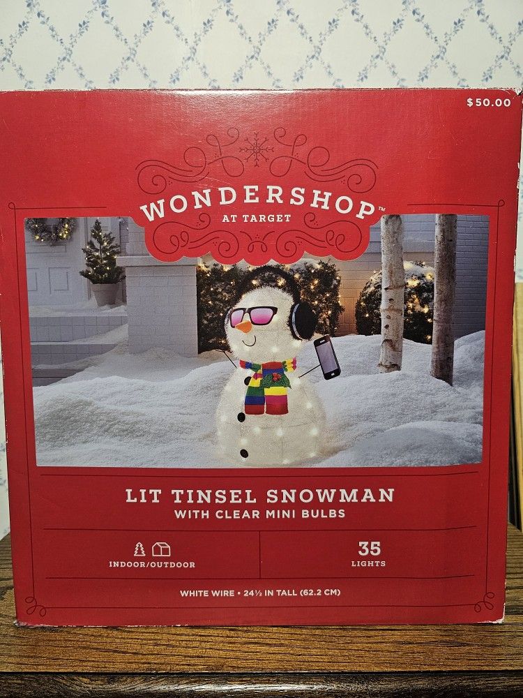 Wondershop Lit Tinsel Snowman with Clear Lights Indoor/Outdoor Decoration