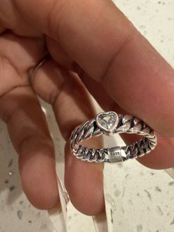 925 Sterling Silver Heart Bezel Band Ring White Diamond Signed Size 7