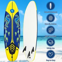 72 in. Yellow Surfboard Foamie Body Surfing Board W/3 Fins & Leash for Kids Adults