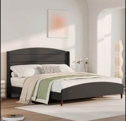 King Bed Frame with Wingback Headboard, Platform Bed Frame with Velvet Upholstered Headboard, No Box