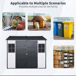 8× 6 ft Resin Outdoor Storage Shed Waterproof Shed with Floor & Two Windows &Lockable Door, Tool Shed for Garden, Patio, Backyard,Black White