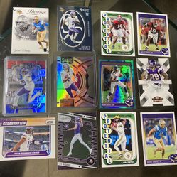 12 2024 football card lot Vikings J.J. McCarthy Rc absolute , Jordan Addison die cut holo Rc , Justin Jefferson die cut holo ,Randy Moss stars holo /3