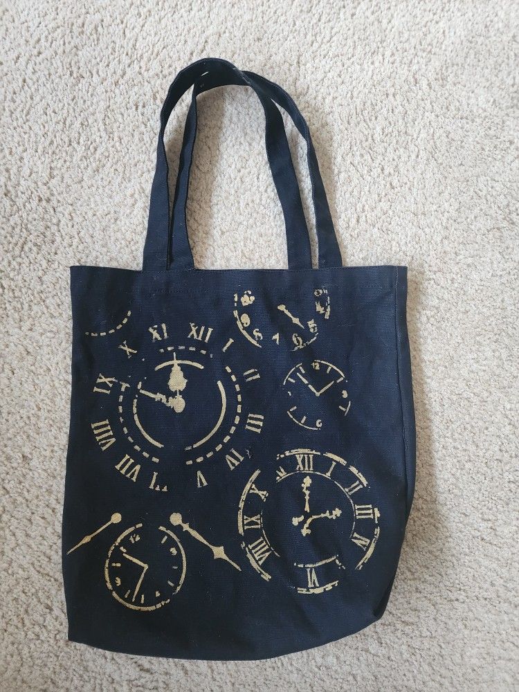 Like New Black Hand Painted Clock Tote