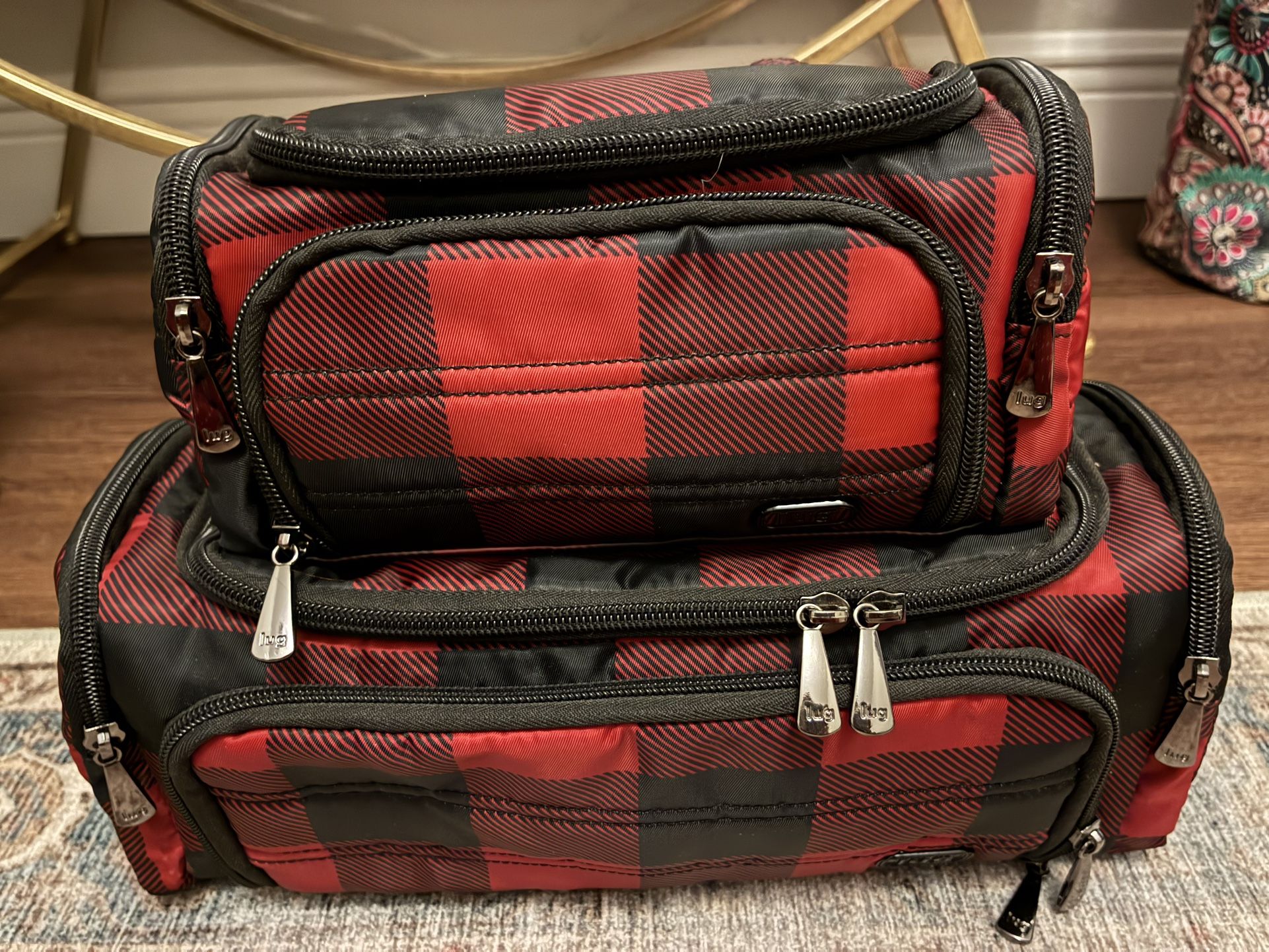LUG Trolley & Mini Duo Red Black Buffalo Plaid Cosmetic Bag Travel Organizer Set New w/o Tags