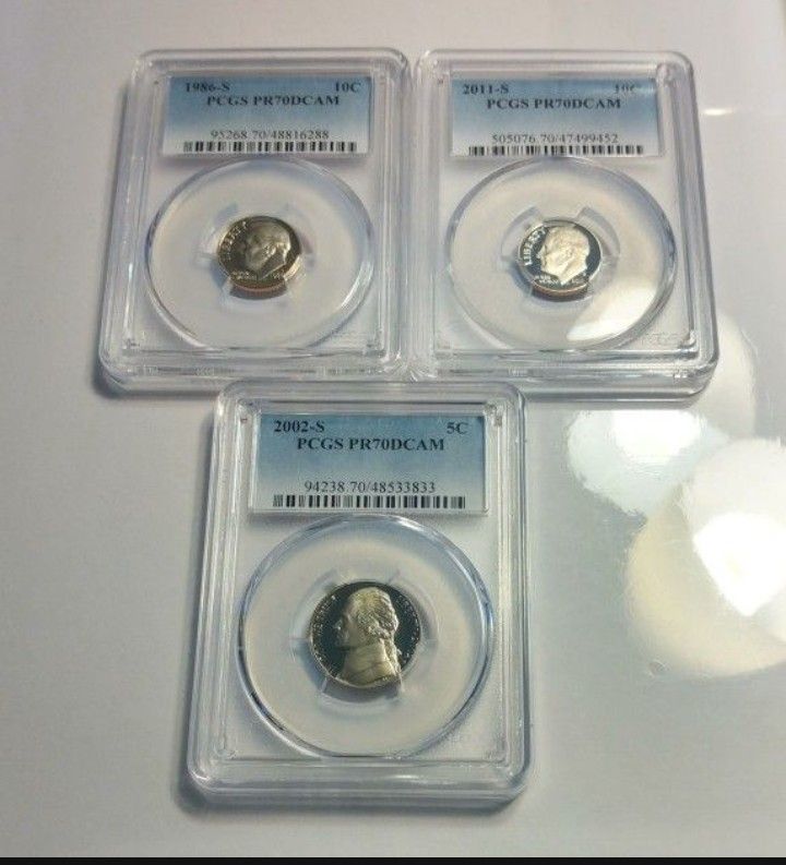Set of (3) Certified Coins Grade 70 The Highest Certification Dimes & Nickels