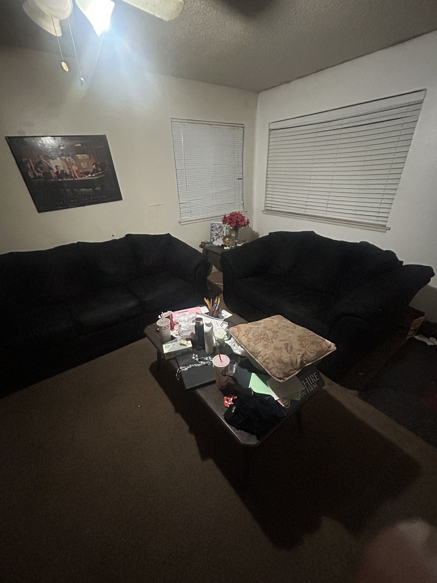 Two Suede Couches, Large Coffee Table,Two Small Coffee Tables