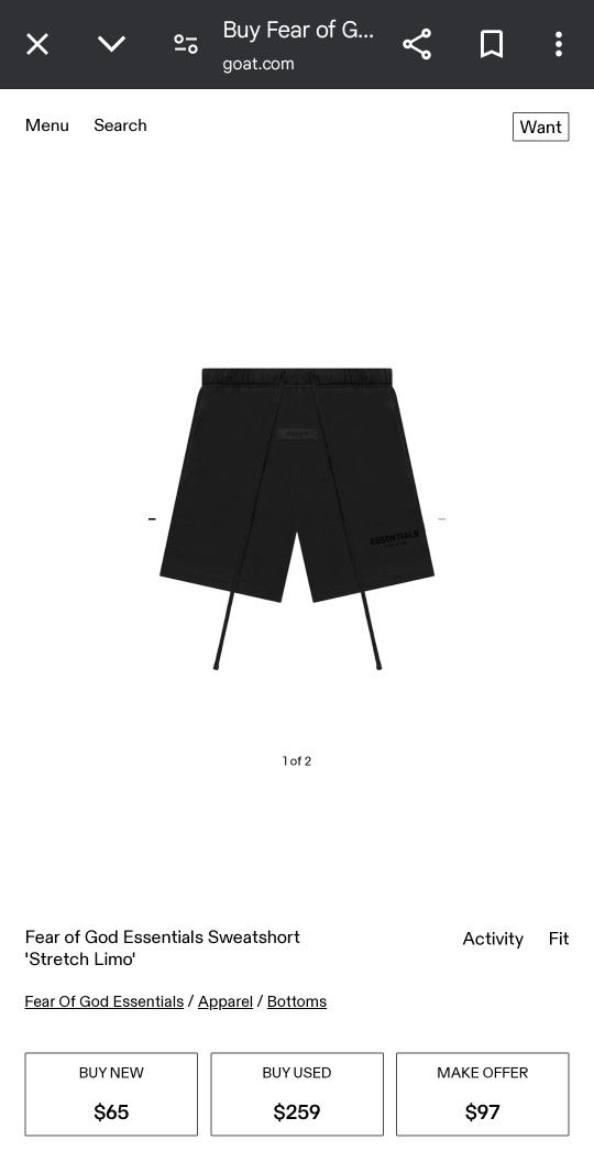 Essential Fear Of God Strech Limo Shorts LARGE $60